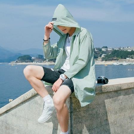 Y19情侣夹克外套连帽长款长袖绣花皮肤衣风衣防晒衣男女学生遮阳图片