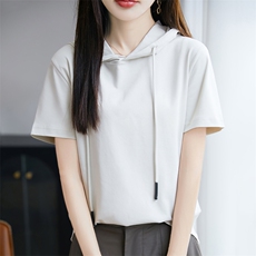 夏季新款简约纯棉帽衫短袖女宽松百搭显瘦时尚休闲上衣，女装T恤，羊秋羊绒