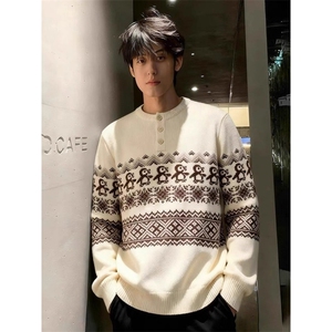 费尔岛复古花纹毛衣女秋冬慵懒风企鹅提花圆领针织衫宽松休闲上衣图片