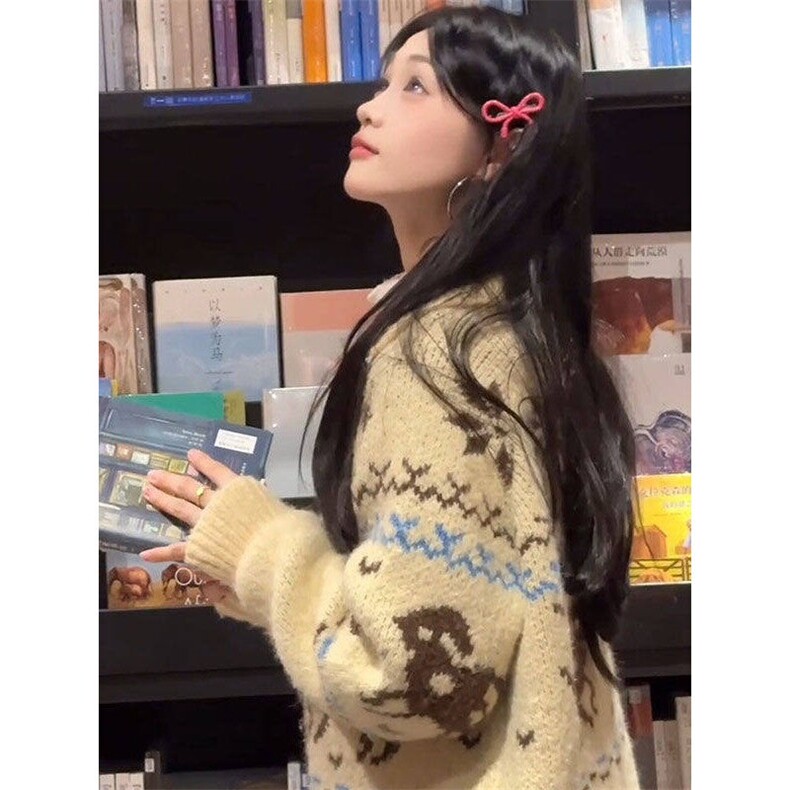 韩系甜美翻领提花费尔岛毛衣开衫女冬季加厚保暖针织衫外套图片