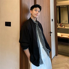 美式复古2025新款秋装男款衬衣痞帅高级感男长袖假两件拼色格子，男装衬衫，星座506A