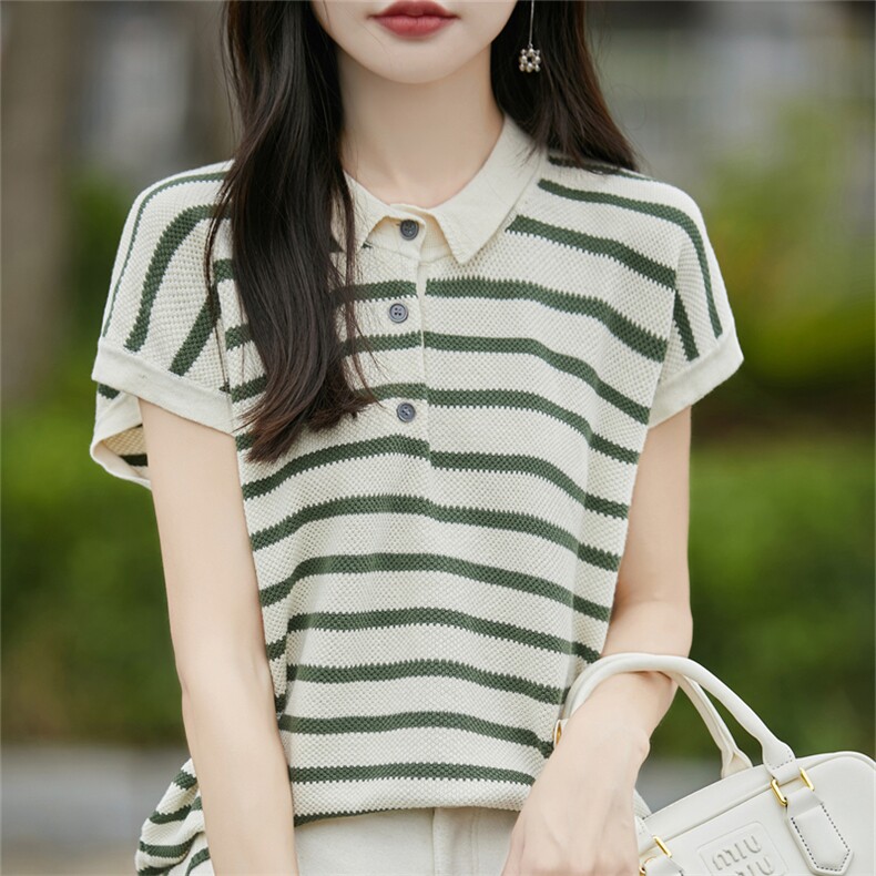 纯棉针织条纹POLO领短袖T恤女2025新款时尚减龄翻领t恤上衣夏薄新,针织衫/毛衣,斯美雅电商供货