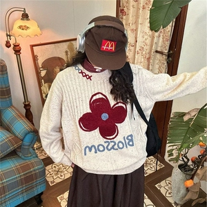 韩系卡通刺绣图案彩点毛衣女2026春秋情侣百搭软糯针织衫短款上衣图片