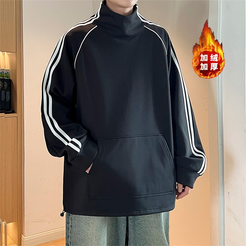 W8901加绒-P68秋冬大码纯棉男女同款两条杠加绒加厚立领卫衣,男装卫衣,星座109