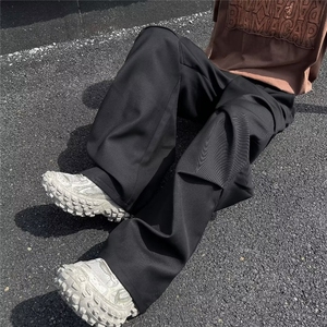 美式高街黑色褶皱伞兵休闲裤男潮牌新款cIeanfit宽松微喇阔腿裤子