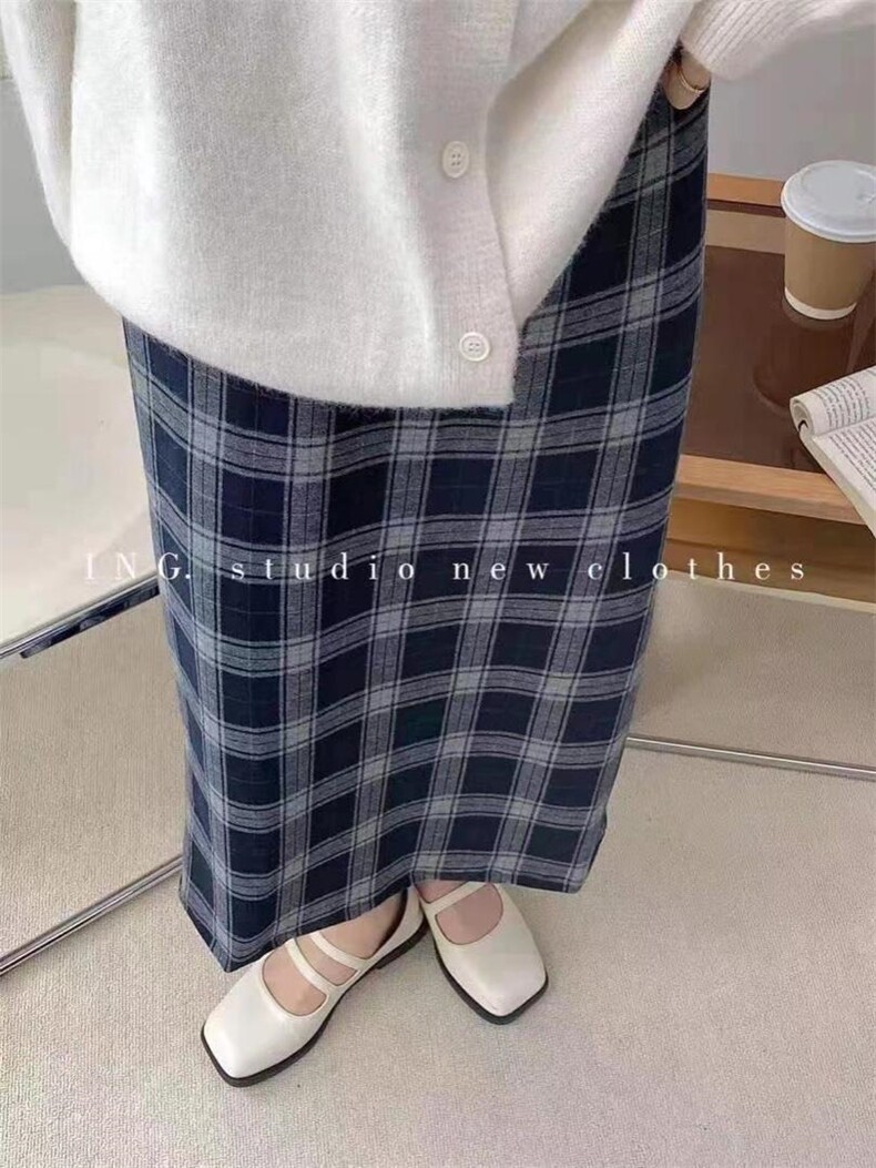 格子半身裙秋季韩版高腰开叉包臀两色厚，女装半身裙，LC裤子