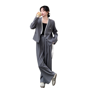 高级感灰色西装套装女2025春季新款干练气质短外套阔腿裤两件套潮图片