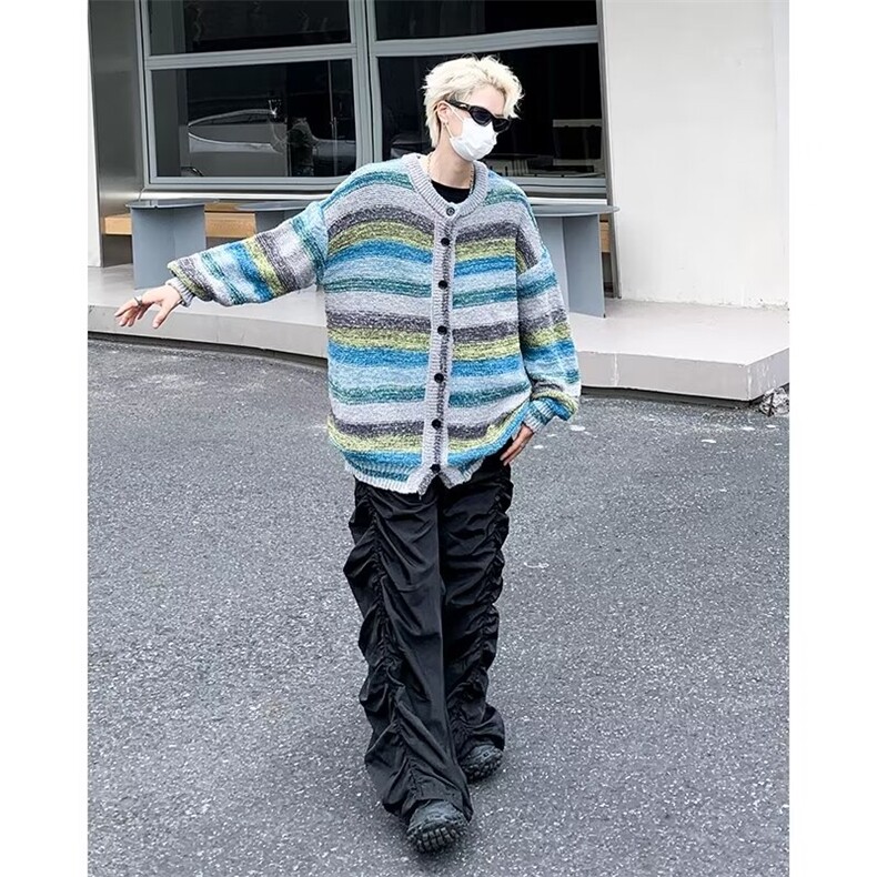 毛衣男秋冬慵懒风美式复古宽松潮牌油画彩虹渐变情侣针织开衫外套,男装针织衫/毛衣,星座1013