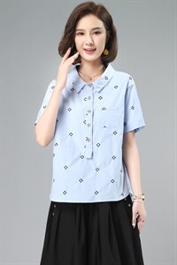 2024年夏装新款纯棉套头衬衫女短袖韩版宽松显瘦时尚减龄刺绣上衣，女装衬衫，奕阳依阁