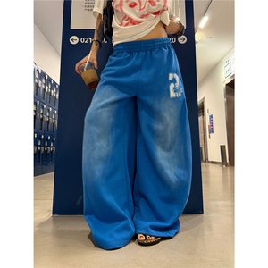美式复古渐变蓝阔腿抽绳卫裤男女垂感拖地休闲运动裤潮K6616-P43图片