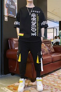 夏季新款男士运动休闲短袖T恤套装印花宽松半袖体恤男装F173P75图片