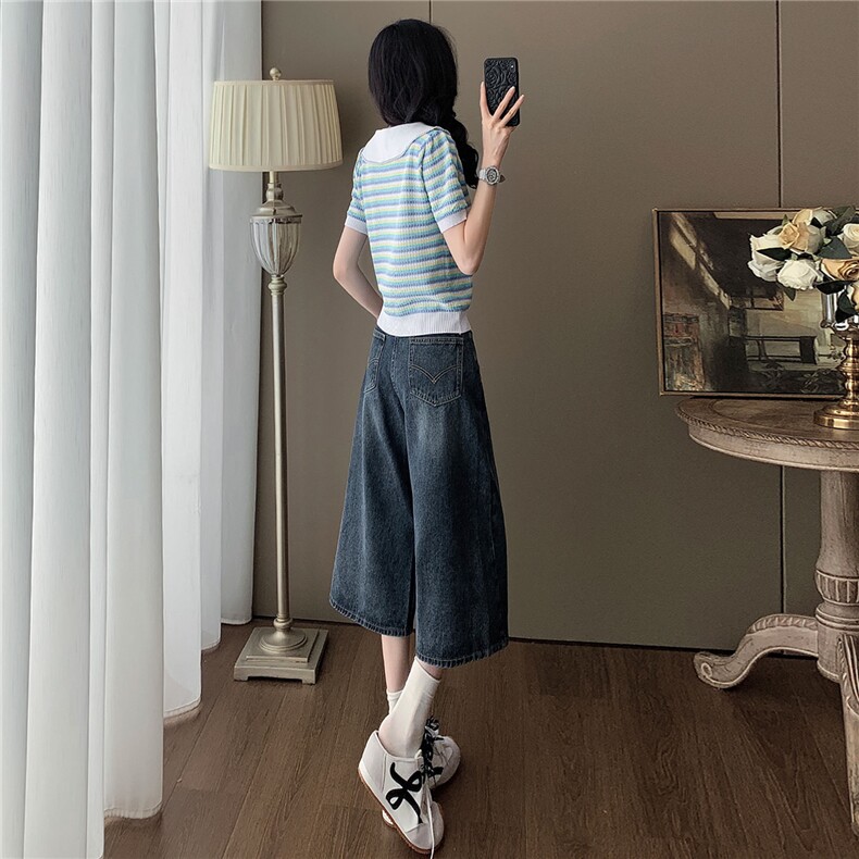 女夏新款时尚套装宽松显瘦娃娃领条纹冰丝短袖上衣牛仔中裤两件套,女装套装/套裙,江南