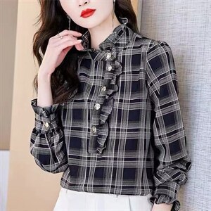 格子雪纺衬衫女士春装2021年新款秋时尚欧货上衣小衫长袖洋气衬衣图片