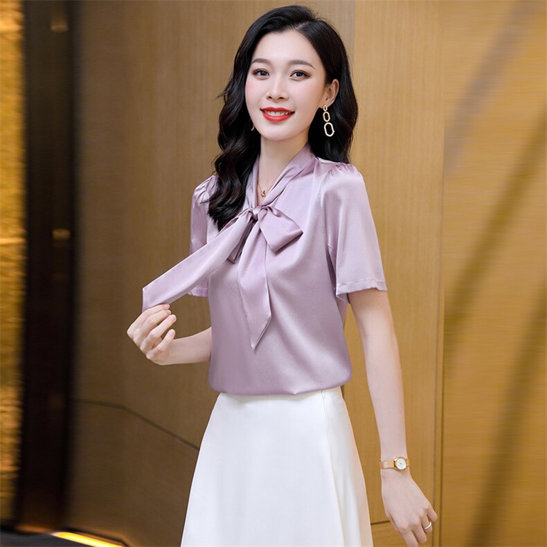 杭州缎面真丝衬衫女士短袖2025年夏季新款时尚高端蝴蝶结飘带上衣,女装衬衫,阿舍尔精品