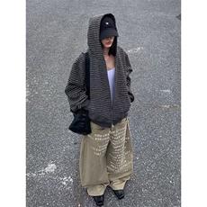 1506/QF400/P77美式复古新款条纹拉链开衫连帽卫衣男女重磅外套，女装短外套，星座1506