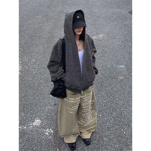 1506/QF400/P77美式复古新款条纹拉链开衫连帽卫衣男女重磅外套