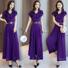 2022年夏季韩版时尚不规则花边拼接上衣+显高阔腿裤两件套，女装套装/套裙，火爆靓佳人