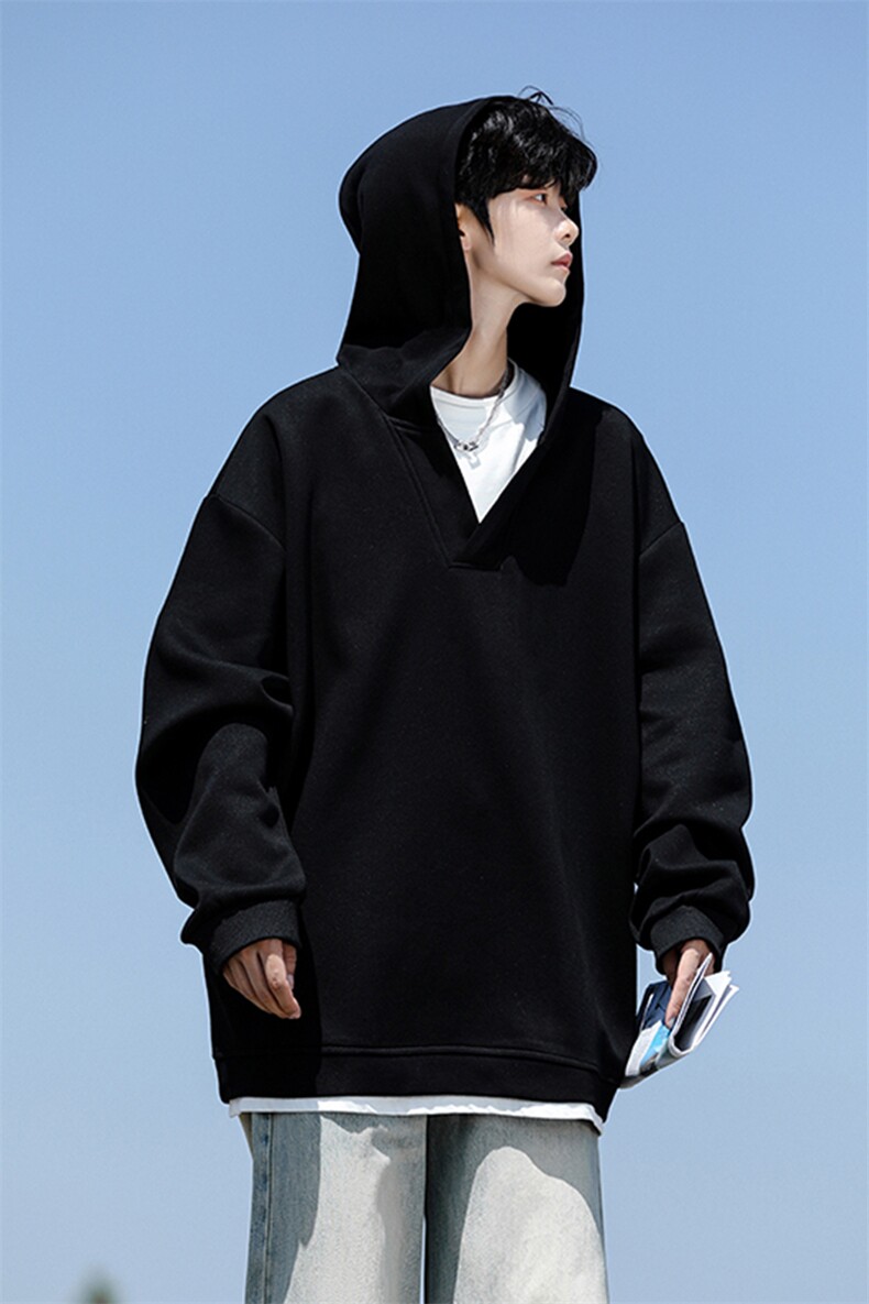 8XL-M叠穿假两件卫衣重磅连帽V领拼接套头衫宽松大码外套WY006P65,男装卫衣,电商B312