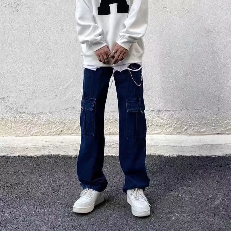 美式复古立体贴袋机能工装牛仔裤男早秋高街直筒长裤NK0018P52,男装牛仔裤,星座1116-2