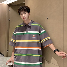 美式条纹短袖polo衫男女大码M-5XL港风翻领短袖T恤DP77010P50控78，男装Polo衫，星座227-7