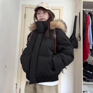 现货三防重磅硬挺boxy短款羽绒棉衣座山雕大毛毛领PU皮棉服外套冬