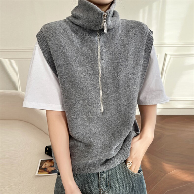 时尚百搭女士羊毛高领拉链马甲简约大方显瘦无袖背心外套，女装马甲，暮绒羊羊绒