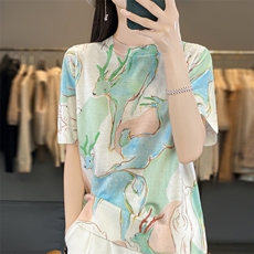 圆领印花桑蚕丝羊毛短袖t恤女套头宽松设计感水墨画薄款半袖上衣，女装羊毛衫，朝贺羊绒