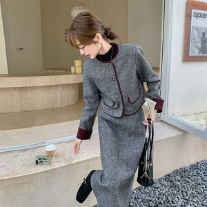 气质撞色包边羽绒内胆毛呢套装2025冬季新款外套半身裙淡人两件套图片