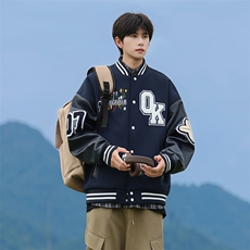 JK5872-P85美式拼接刺绣皮质撞色棒球服飞行员夹克外套控149，男装夹克，星座109