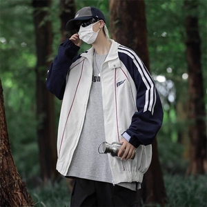 L101-P58山系潮牌条纹拼接男女款休闲外套秋季高街撞情侣上衣