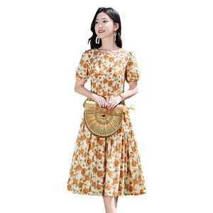 碎花纯棉短袖连衣裙女2026夏季新款小个子收腰显瘦甜美印花a字裙图片