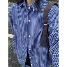 格子衬衫春夏美式蓝色格子衬衫港风情侣装休闲长袖衬衣CS276-P35，男装衬衫，星座301C-5