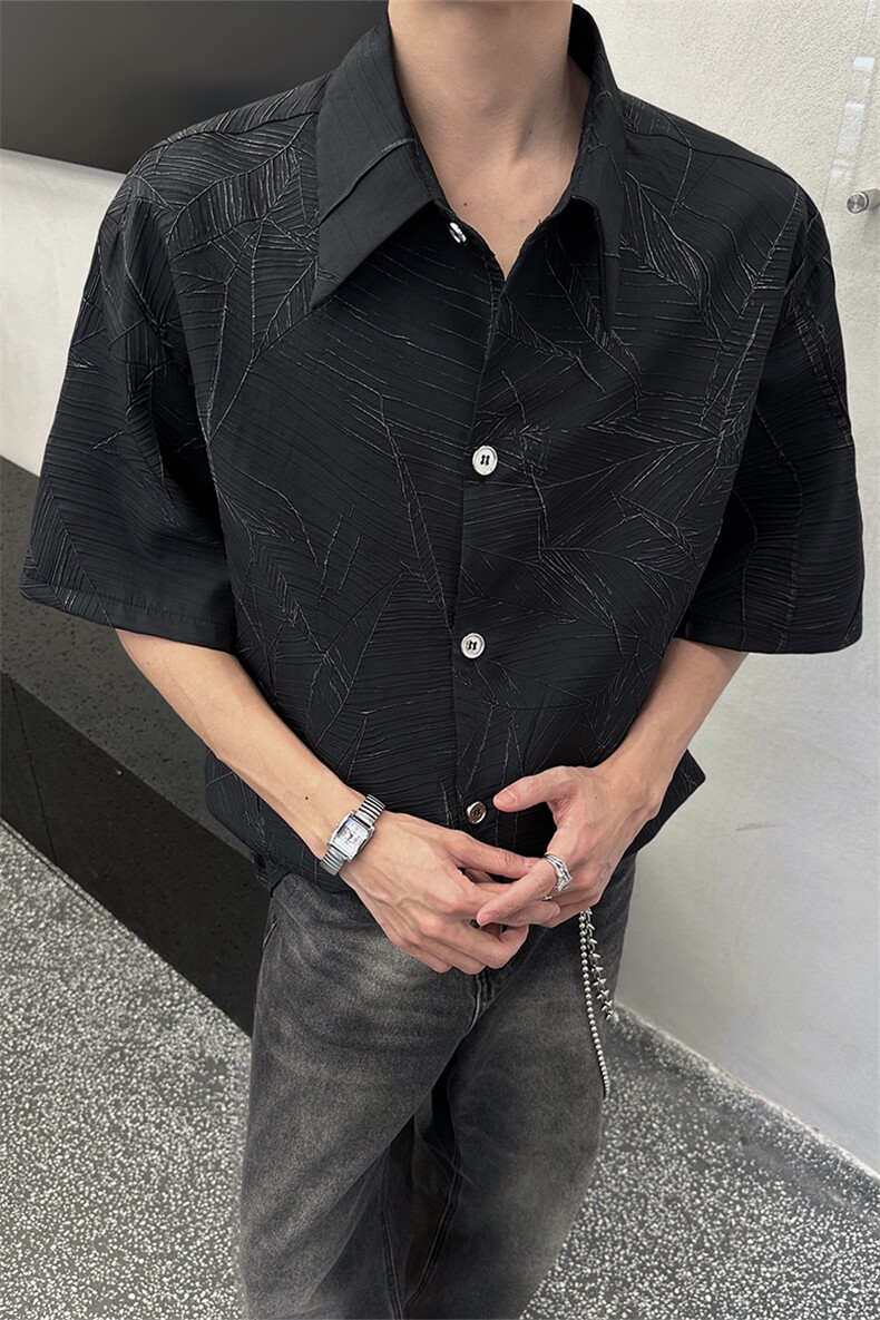 夏季新款短袖衬衫小众解构肌理感黑色裂纹韩版花衬衫打底T恤P50,男装T恤,电商B319