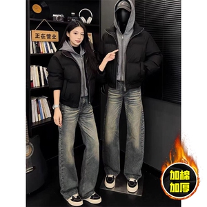 现货高品质重磅工艺美式高街假两件PU皮棉衣男女加厚棉服外套图片