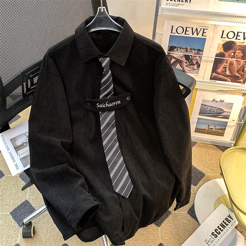 2025春季新款灯芯绒衬衫长袖衬衣配领带男女班服大码W8538-P42,男装衬衫,星座512-4