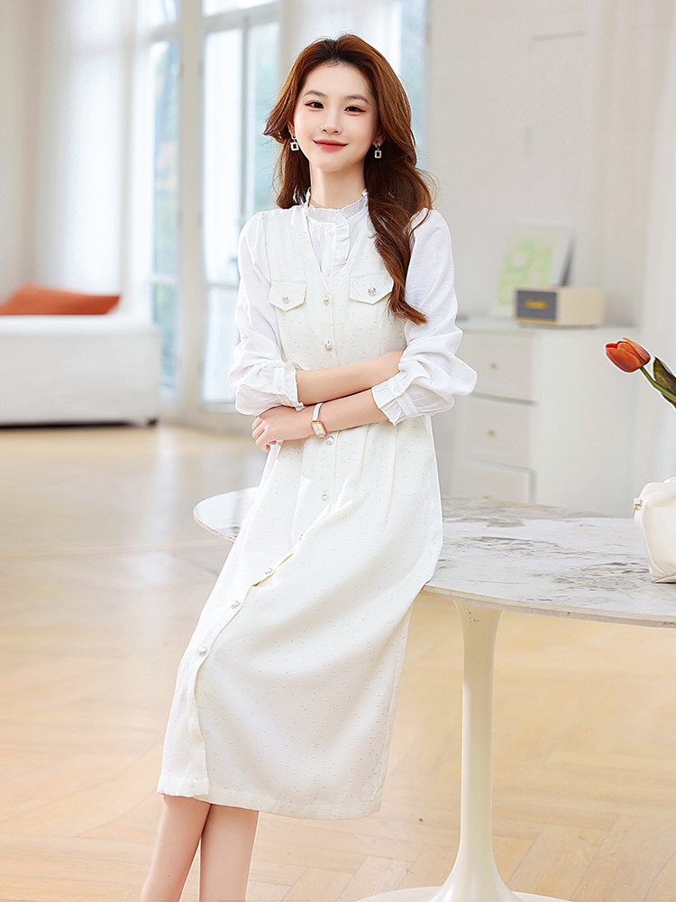 现货2025年春季女时尚气质潮流修身显瘦衬衫马甲连衣裙套装两件套,女装套装/套裙,艾贝斯