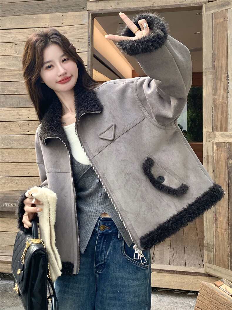 立领加厚保暖皮毛一体外套女短款机车服冬季宽松麂皮绒羊羔毛棉衣,女装短外套,艾米莉亚