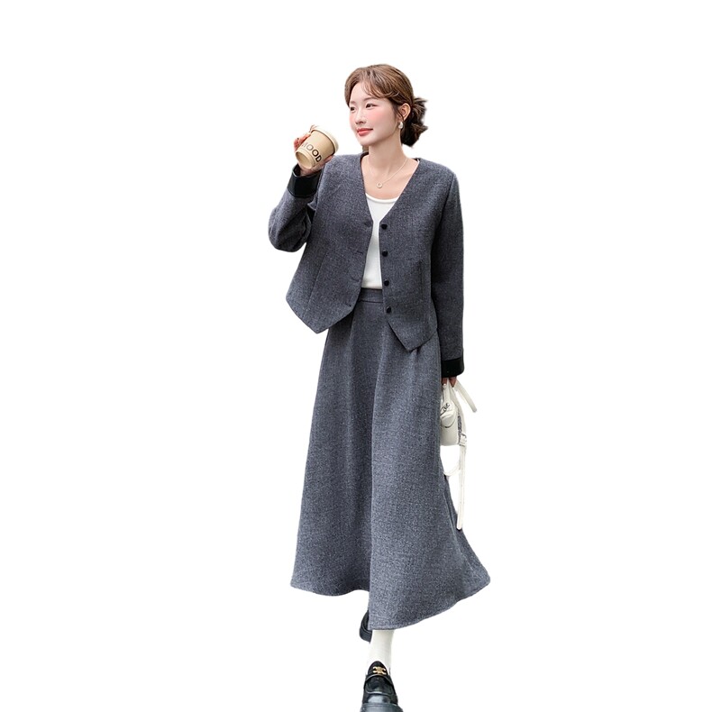灰色小香风毛呢套装裙女2025冬季新款通勤风减龄外套半身裙两件套,女装毛呢外套,2D078