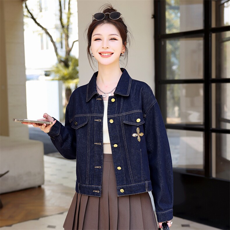 深蓝牛仔外套女短款2025秋装新款显瘦百搭复古设计感小众上衣,女装牛仔外套,意芙