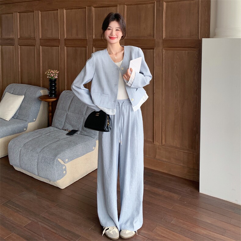 现货！2026秋装白色拼接蓝色休闲套装2C056-6887-P165控228,女装套装/套裙,2C056