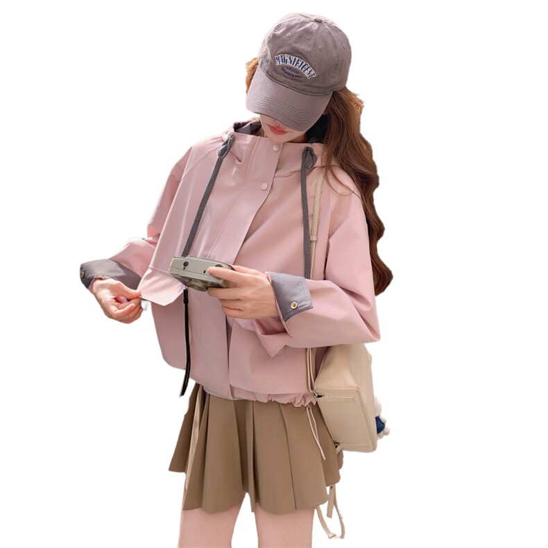 粉色拼色连帽工装外套女2025秋季新款奶甜系休闲小个子短款上衣潮,女装短外套,2C218