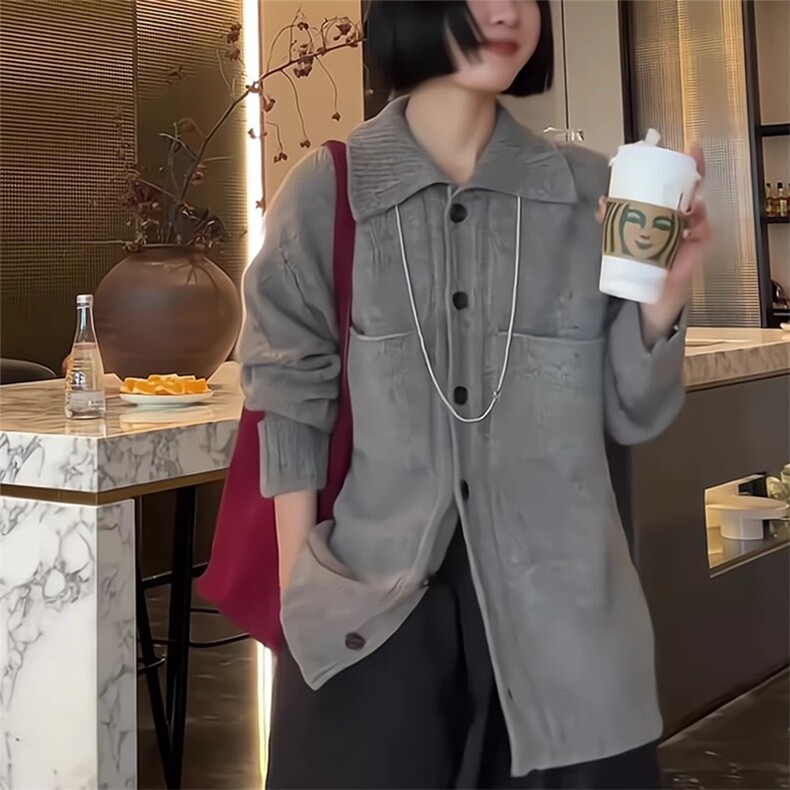 秋冬新款纯色针织翻领单排扣开衫时尚百搭,针织衫/毛衣,泰沅羊绒