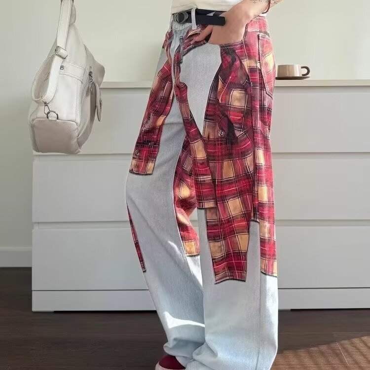 美式3D数码印花格子衬衫牛仔裤潮牌款立体直筒宽松阔腿休闲裤子图片