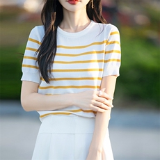 条纹冰丝短袖T恤女夏季薄款减龄洋气撞色体恤休闲百搭上衣t恤，女装T恤，思牵羊绒