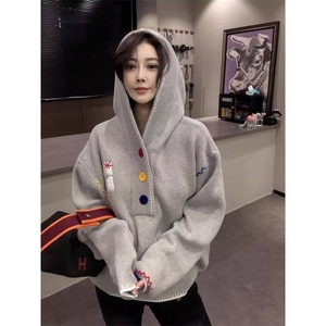 网络图现货 美式复古刺绣连帽多巴胺彩色慵懒风针织衫JMY9601-P60图片
