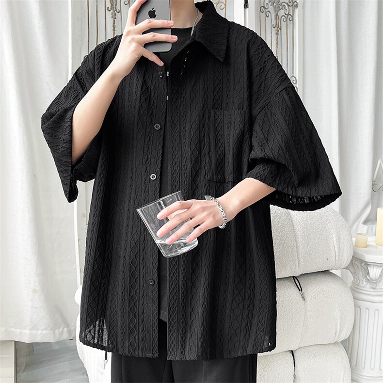 特批P32无差价夏盐系大码垂感短袖衬衫男镂空宽松衬衣外套CD2242，男装衬衫，电商A001