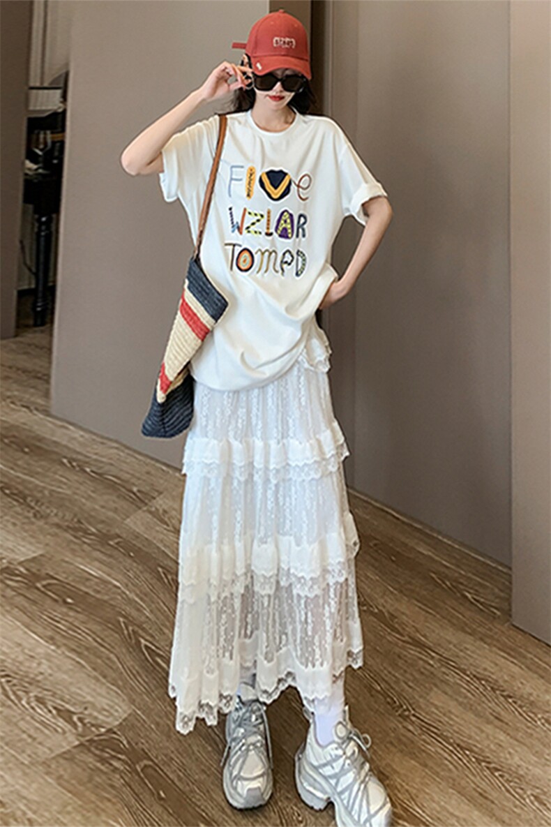 欧货休闲时尚套装女夏季新款纯色圆领字母印花短袖蕾丝长裙两件套,女装套装/套裙,江南