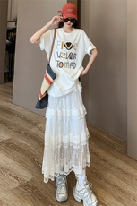 欧货休闲时尚套装女夏季新款纯色圆领字母印花短袖蕾丝长裙两件套，女装套装/套裙，江南