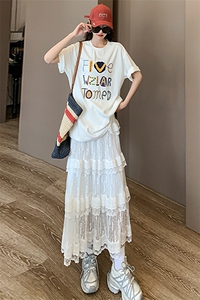 欧货休闲时尚套装女夏季新款纯色圆领字母印花短袖蕾丝长裙两件套图片