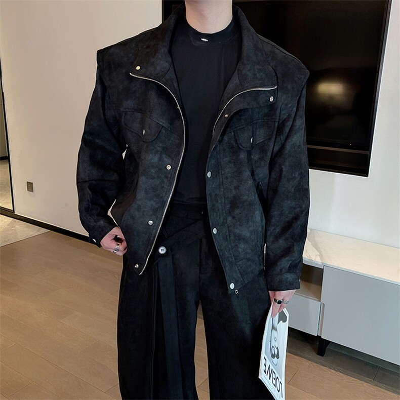 春季安可拉红立领机车夹克男痞帅假两件扎染外套夹克男JK2365P145图片